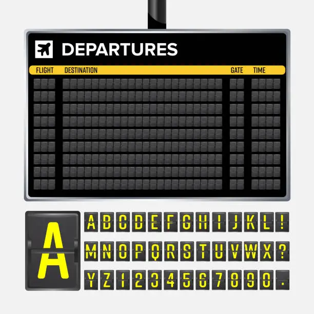 Vector illustration of Airport Board Vector. Mechanical flip airport scoreboard. Black airport and railway timetable departure or arrival. Destination airline board abc. Vector airport board isolated