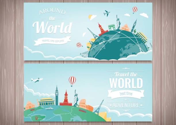 illustrazioni stock, clip art, cartoni animati e icone di tendenza di composizione di viaggio con famosi monumenti del mondo. viaggi e turismo. modello di sito web concettuale. vettore. design piatto moderno - travel locations