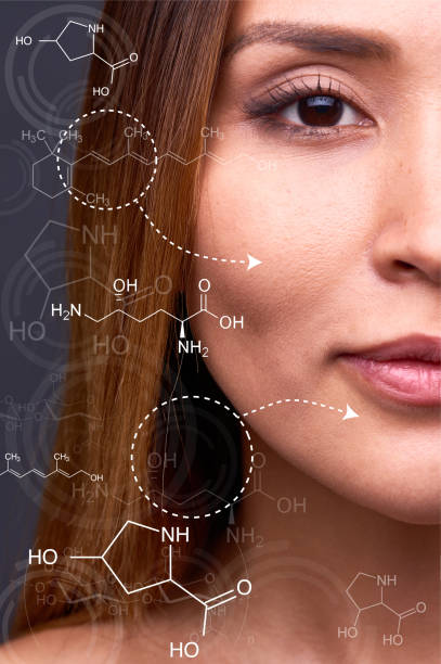 Skin nutrition Part of young Asian womens face looking at camera, arrows with chemical formulas pointing at her face collagen photos stock pictures, royalty-free photos & images