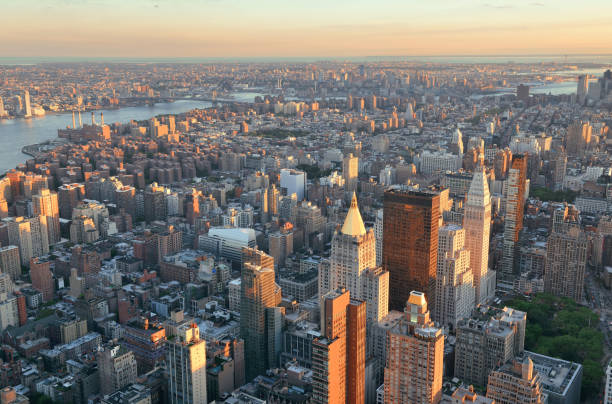 New York City New York City rooftop view with downtown Manhattan skyscrapers and urban cityscape. new york life building stock pictures, royalty-free photos & images