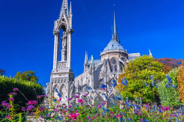 Photo of View beautiful Notre Dame Cathedral with garden, Paris, France.