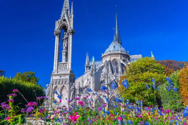 Photo of View beautiful Notre Dame Cathedral with garden, Paris, France.