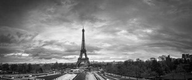 istock Beautiful panoramic cityscape. Dramatic cloudscape. View of the Eiffel Tower from the Trocadero. B&W photography. France. Paris. 657187190