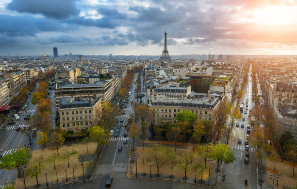 istock Panoramic view of Paris from the Arc de Triomphe. Autumn. Rain. Sun. 657188516