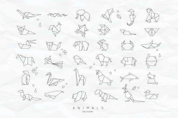 Animals flat origami set crumpled Set of animals white in flat style origami snake, elephant, bird, seahorse, frog, fox, mouse, butterfly, pelican, wolf, bear, rabbit, crab, monkey, pig, turtle, kangaroo on crumpled paper background origami stock illustrations