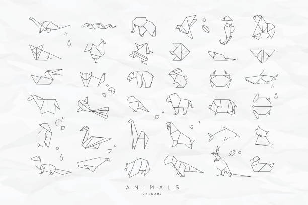 Animals flat origami set crumpled Set of animals white in flat style origami snake, elephant, bird, seahorse, frog, fox, mouse, butterfly, pelican, wolf, bear, rabbit, crab, monkey, pig, turtle, kangaroo on crumpled paper background cat origami stock illustrations