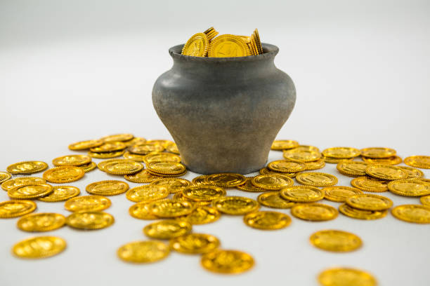 Money bag with coins on white background