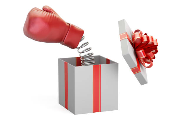 Boxing glove coming out from a gift box, 3D rendering vector art illustration