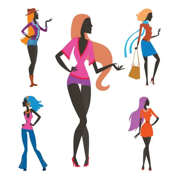 Vector illustration of Fashion look girl silhouette beautiful girl woman female and pretty, young, model, style, hair, lady character glamour cute vector illustration