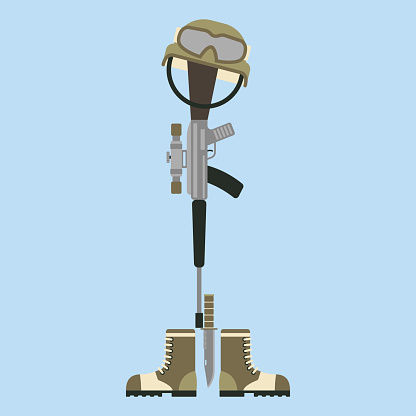 Memorial battlefield cross american honor symbol of a fallen US soldier modern war rifle M16 with boots and helmet vector illustration. Special grave bayonet knife reminder veteran patriotism rifle.