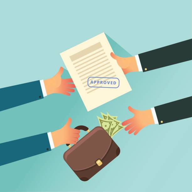 Corruption and Bribery in business concept Corruption and Bribery in business concept. Two business people holding in their hands approved paper and case of money. Vector illustration in flat style. corruption stock illustrations