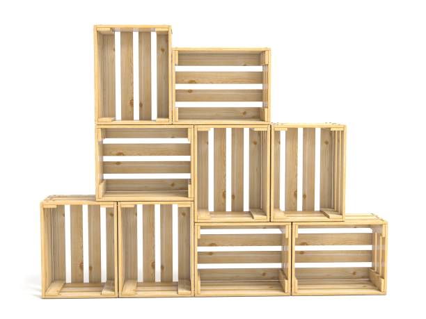 Empty wooden crates arranged 3D Empty wooden crates arranged 3D render illustration isolated on white background crate stock pictures, royalty-free photos & images