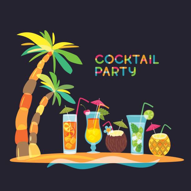 istock Cocktail beach party concept, vector doodle illustration. Tropical island with cocktails, juice and palm tree 657229996