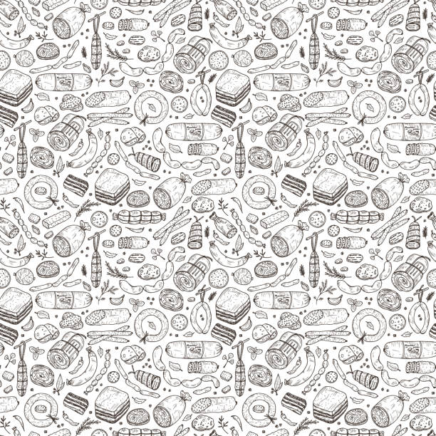 ilustrações de stock, clip art, desenhos animados e ícones de food. sausages seamless pattern. hand drawn doodle meat products: ready sausage, bacon, sliced saveloy, sausage, spicy pepperoni, smoked sausages, stick of salami, baked meatloaf, frankfurters - salsicha