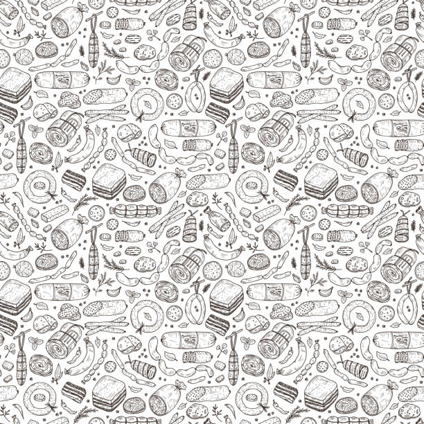 Food. Sausages Seamless pattern. Hand drawn doodle Meat products: Ready sausage, bacon, sliced saveloy, sausage, spicy pepperoni, smoked sausages, stick of salami, baked meatloaf, frankfurters Food. Sausages Seamless pattern. Hand drawn doodle Meat products: Ready sausage, bacon, sliced saveloy, sausage, spicy pepperoni, smoked sausages, stick of salami, baked meatloaf, frankfurters meat backgrounds stock illustrations