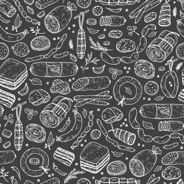 illustrations, cliparts, dessins animés et icônes de aliments. seamless pattern de saucisses. dessinés à la main doodle produits carnés : prêt de saucisses, bacon, saveloy tranché, saucisse, pepperoni épicé, saucisses fumées, bâton de salami, pain de viande cuit au four, saucisses de francfort - meat loaf meat cooked beef