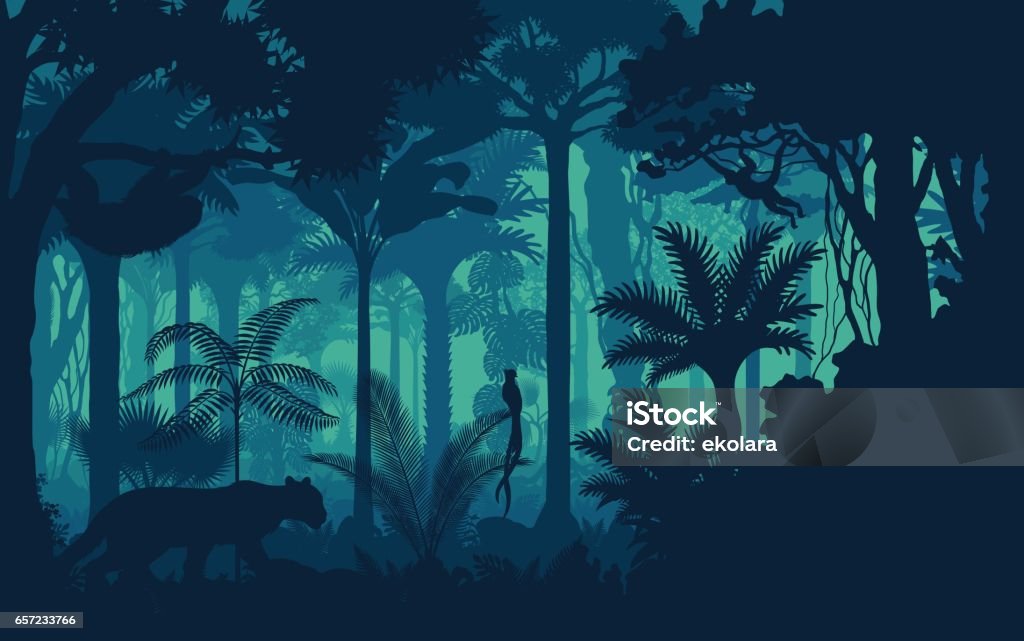 Vector evening tropical rainforest Jungle background with jaguar, sloth, monkey and qetzal Rainforest stock vector