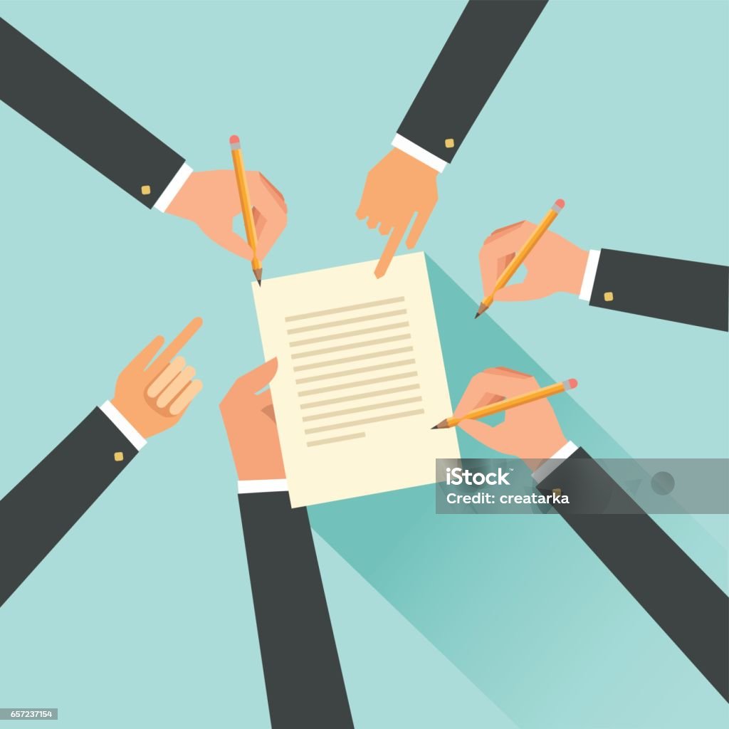 Cooperation agreement concept. Team signing a paper document Cooperation agreement concept. Hands with pencils. Team signing a paper document. Vector illustration in flat style Sea Of Hands stock vector