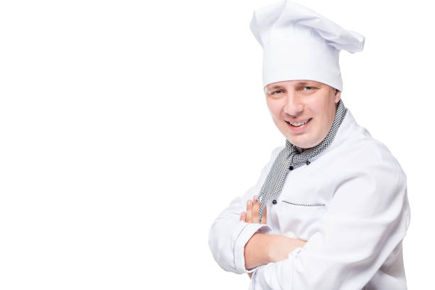 istock cook, in jacket and cap on a white background and space 657245822