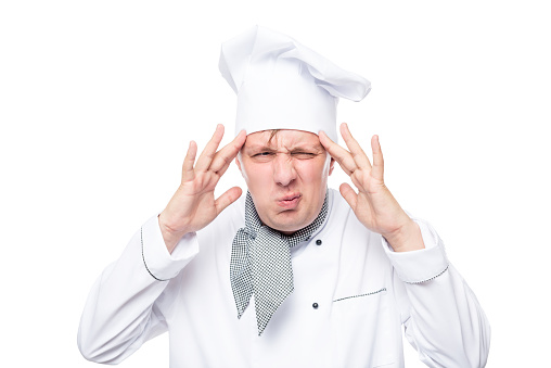 headache have overwrought chef portrait isolated on white background