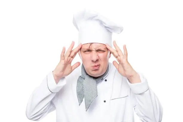 Photo of headache have overwrought chef portrait isolated on white background