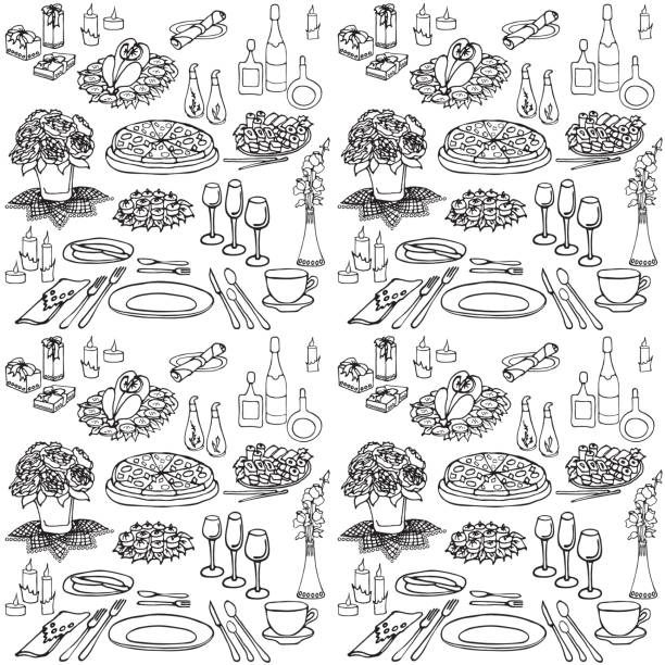 Serving a festive six seamless Set sketch for a celebratory meal at a restaurant, accommodation, food, meals, drinks, flowers, gifts, cutlery, seamless black in white background birthday and invitation card animal background with chicken stock illustrations