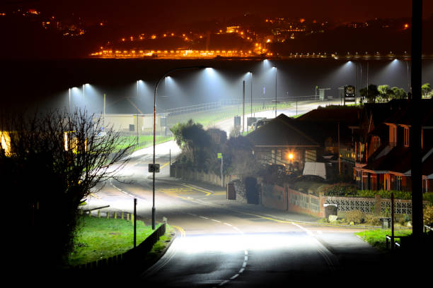 Street Lights and View of Shanklin Bay at Night stock photo