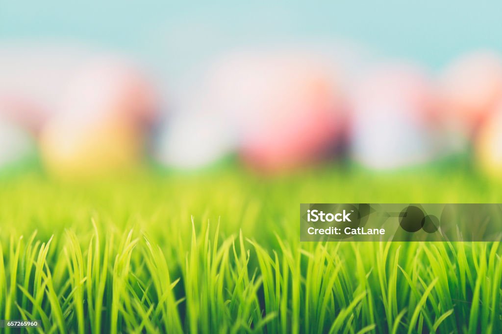 Abstract Easter background with hand painted eggs and grass Easter Stock Photo