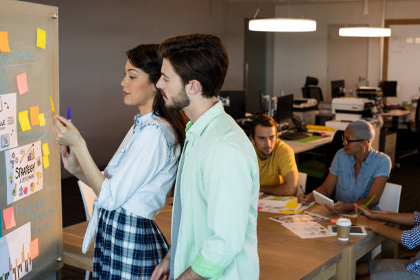 istock Creative business people looking at sticky notes on glass board 657271400