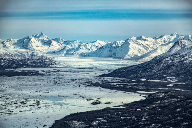Knik Glacier in Alaska A winter aerial view of Knik Glacier in South Central Alaska. chugach mountains photos stock pictures, royalty-free photos & images
