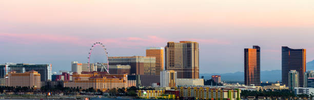 Las Vegas Hotel Casino Buildings Panorama at sunrise Las Vegas, USA - March 16,2017: Panoramic view of Buildings of Las Vegas Hotel & Casino buildings at sunrise. Las Vegas is one of the most popular travel destinations in the world and famous for entertainment and live  night show. Located about 5 hours east of Los Angeles. las vegas metropolitan area luxor luxor hotel pyramid stock pictures, royalty-free photos & images
