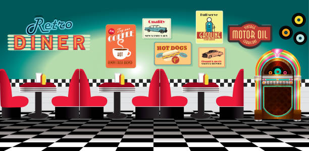 ilustraciones, imágenes clip art, dibujos animados e iconos de stock de panorama de retro comedor restaurante con cabinas y jukebox - cafetería de carretera
