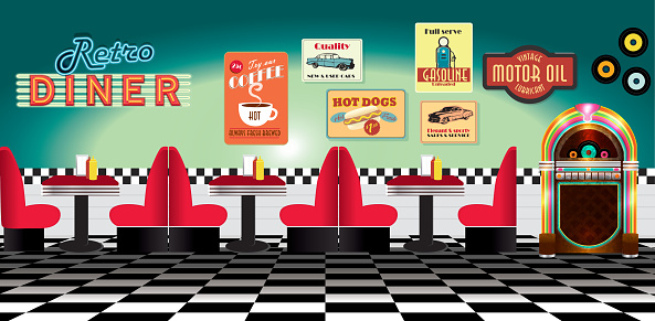 Retro diner restaurant panorama with seating booths signs and jukebox