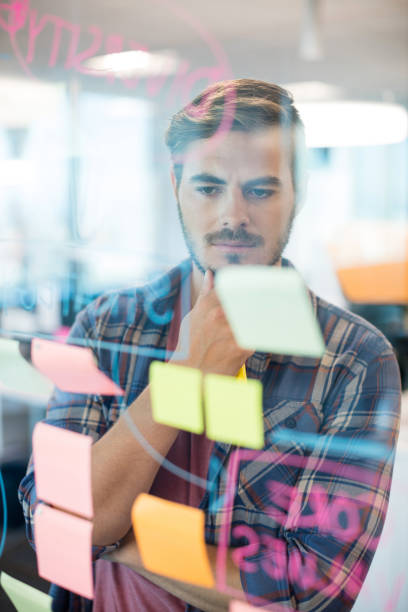 istock Thoughtful man reading sticky notes on the glass wall 657317356