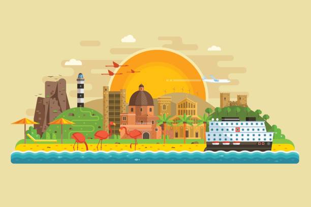 illustrazioni stock, clip art, cartoni animati e icone di tendenza di paesaggio estivo dell'isola di viaggio - sardegna