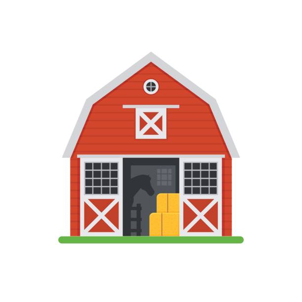 Red Horse Barns in Flat Design Red horse barn vector illustration. Wooden stables building with opened doors and haystack. Old horse barns isolated on white background. barn stock illustrations
