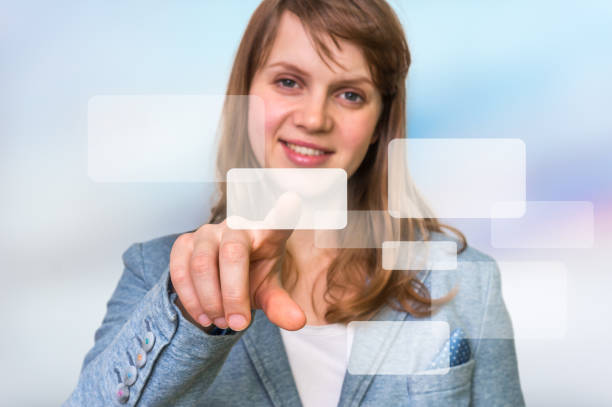 istock Businesswoman hand pressing modern touch screen button 657323760