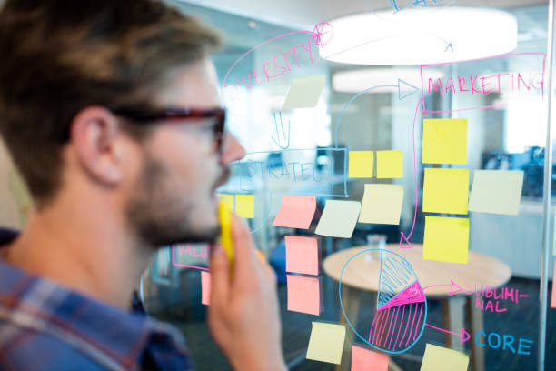 istock Thoughtful man reading sticky notes on the glass wall 657331144