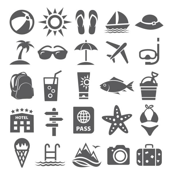 ilustrações de stock, clip art, desenhos animados e ícones de summer icons - suntan lotion symbol ice umbrella