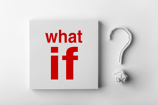 Red text What If and paper question mark with white background.