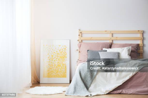 Bed Poster And Rug Stock Photo - Download Image Now - Apartment, Bed - Furniture, Bedding