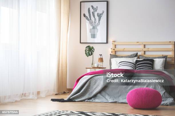 Bedroom With Pink Accessories Stock Photo - Download Image Now - Bed - Furniture, Youth Culture, Apartment