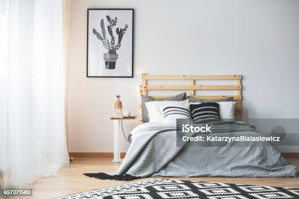 Black And White Bedroom Stock Photo - Download Image Now - Bedroom, Youth Culture, Wood - Material