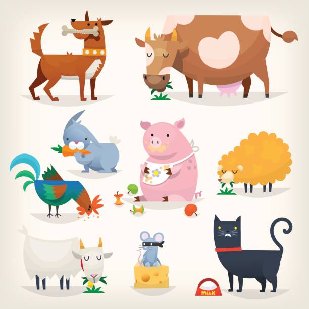 ilustraciones, imágenes clip art, dibujos animados e iconos de stock de aves y animales de granja - cartoon cow cute vector