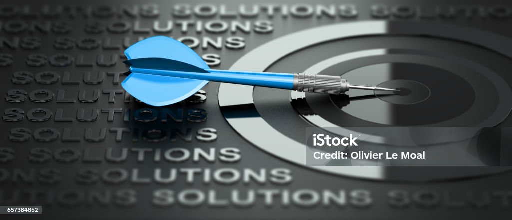 Business or Marketing Consulting, Creative Solutions 3D illustration of a dartboard and one blue dart over black background with the word solutions written many times and surrounding the target. Consulting or advice concept. Solution Stock Photo