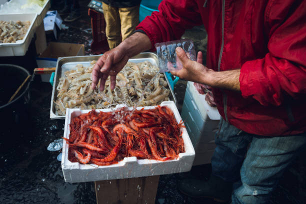fresh raw seafoods on counter fish market stock photo