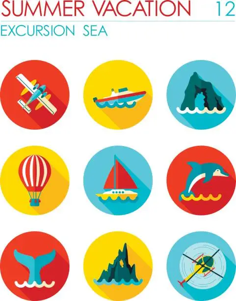 Vector illustration of Excursion sea flat icon set. Summer. Vacation