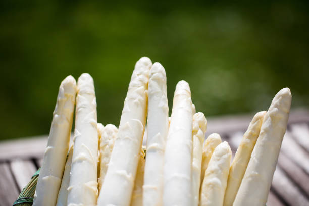 istock Asparagus, white asparagus in basket, green background 657389506