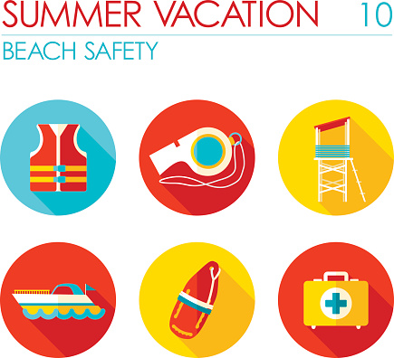 Lifeguard beach safety vector flat icon set. Summer time. Vacation