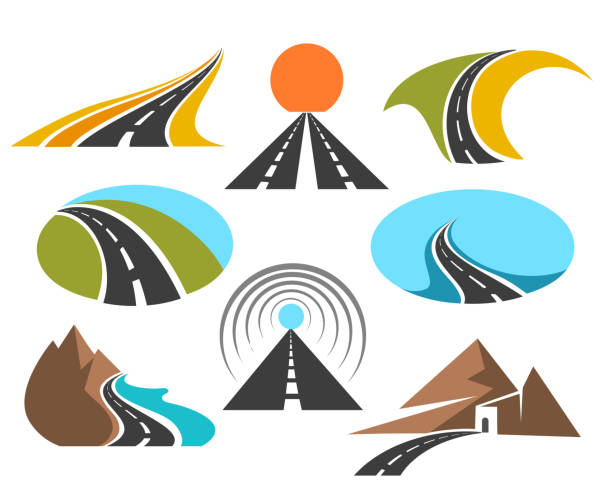 vektor-straße farbige embleme isoliert auf weißem hintergrund für verkehr autobahn oder weg symbole - road street highway country road stock-grafiken, -clipart, -cartoons und -symbole